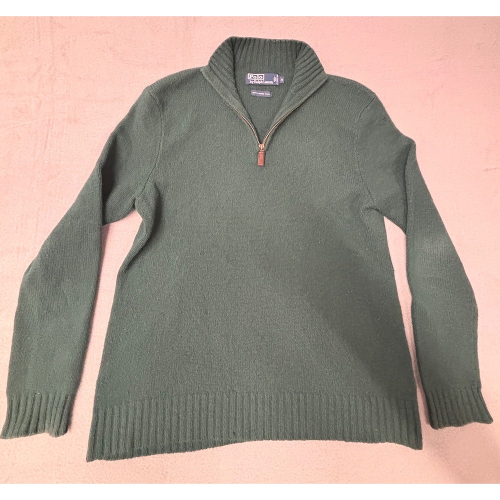 Polo Ralph Lauren Mens Green 100% Lambswool Quarter Zip Sweater Size M - Picture 2 of 10